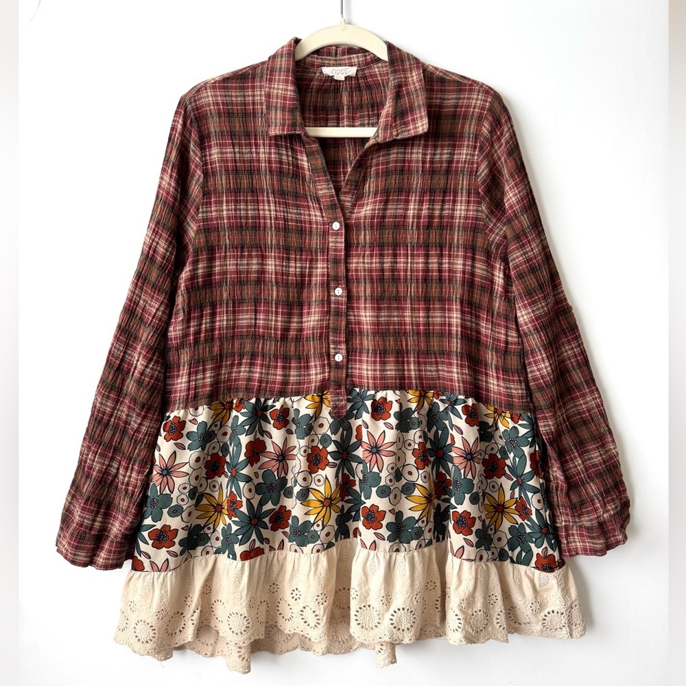 Oddi plaid and floral print long sleeve button down tunic shirt lace hem